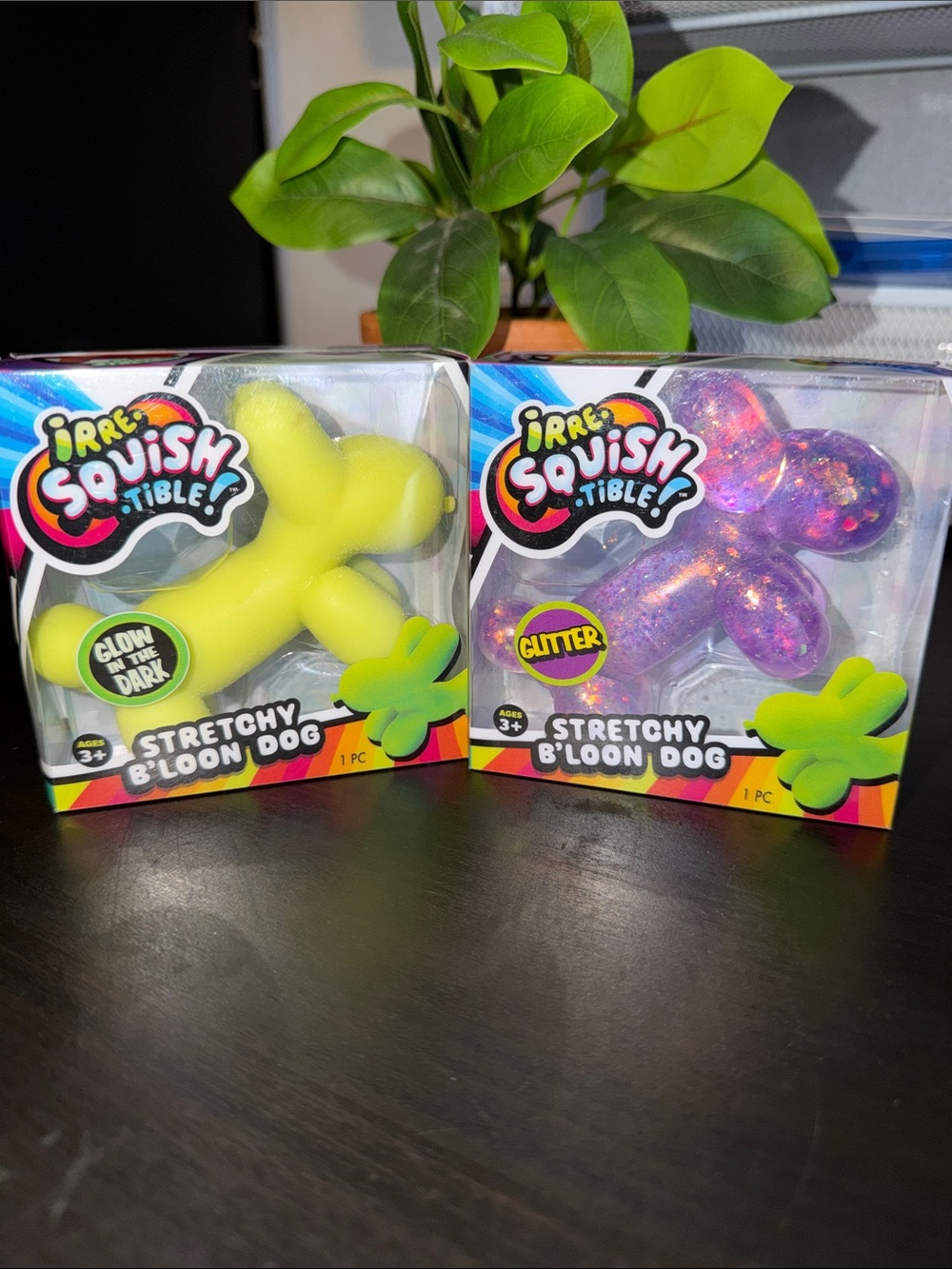 TWO 2 JA-RU Squishy Stretchy B'loon Dogs Get the Glow in the dark & Glitter